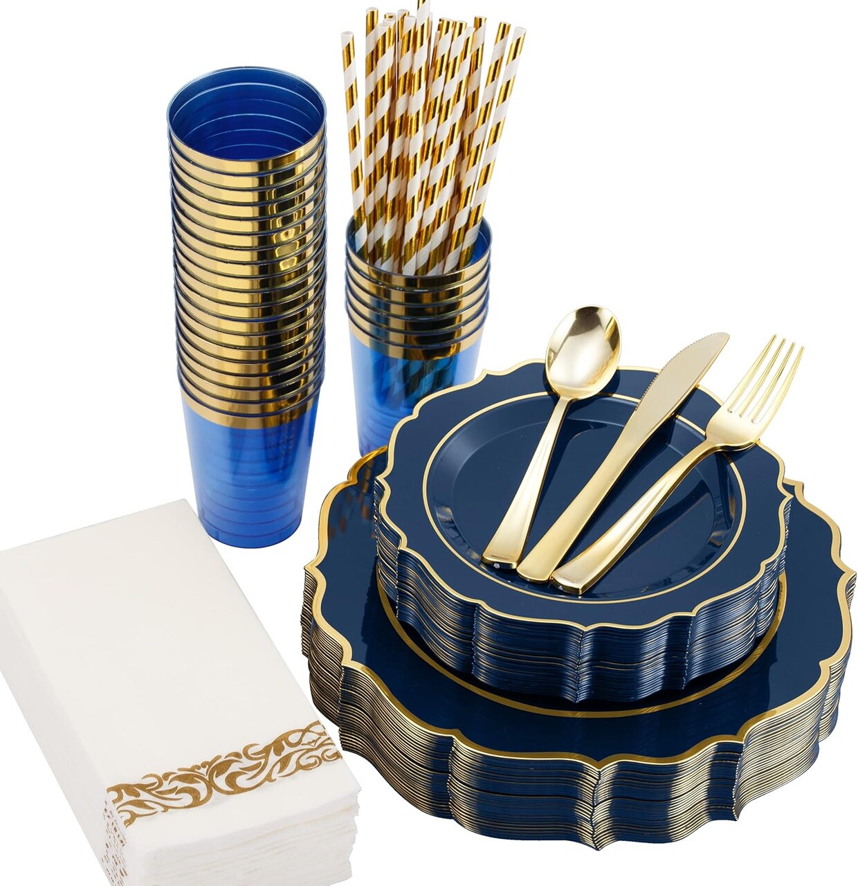 200PCS Premium Disposable Dinnerware Set – Serves 25 Guests with Plates, Silverware, Cups & Straws